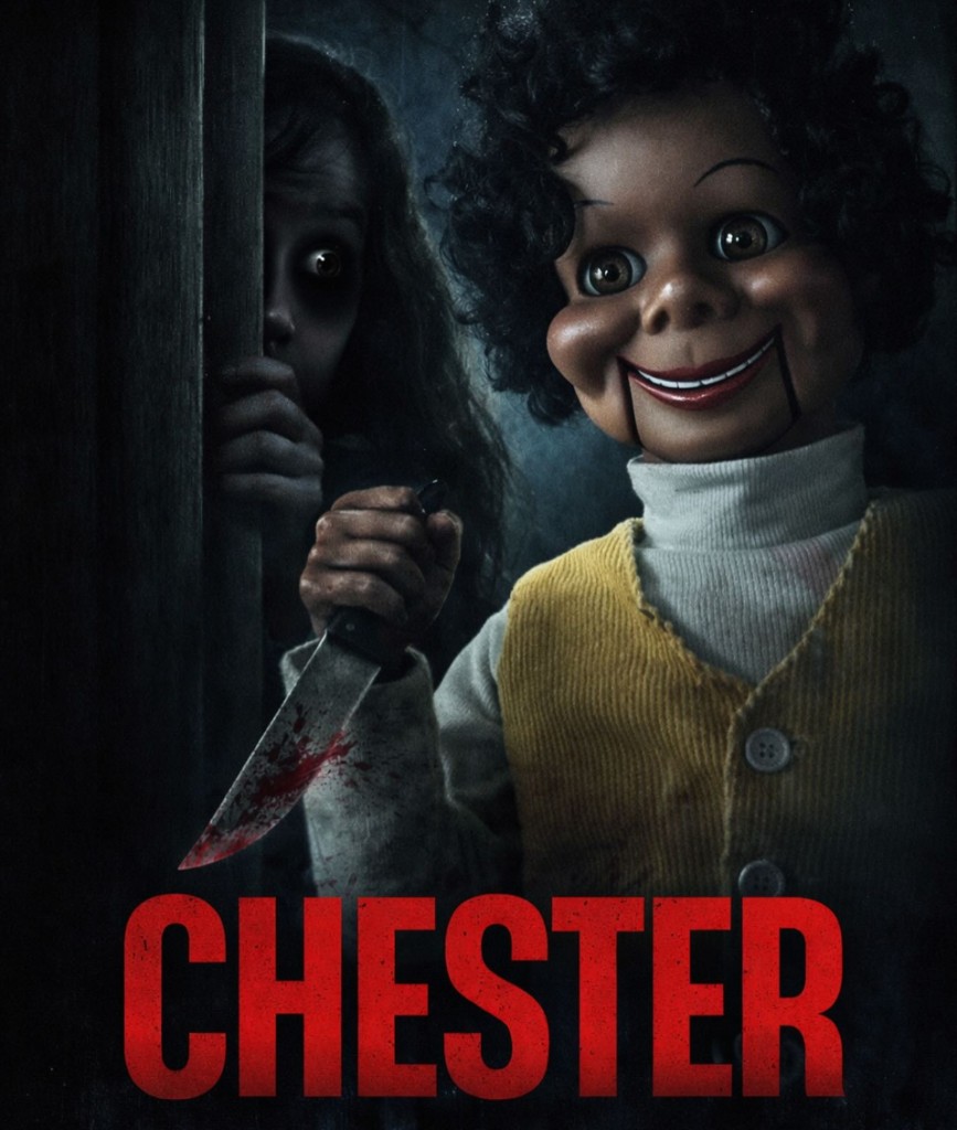 Movie poster for Chester showing a smiling doll holding a bloody knife while a terrified child peers from behind a door.