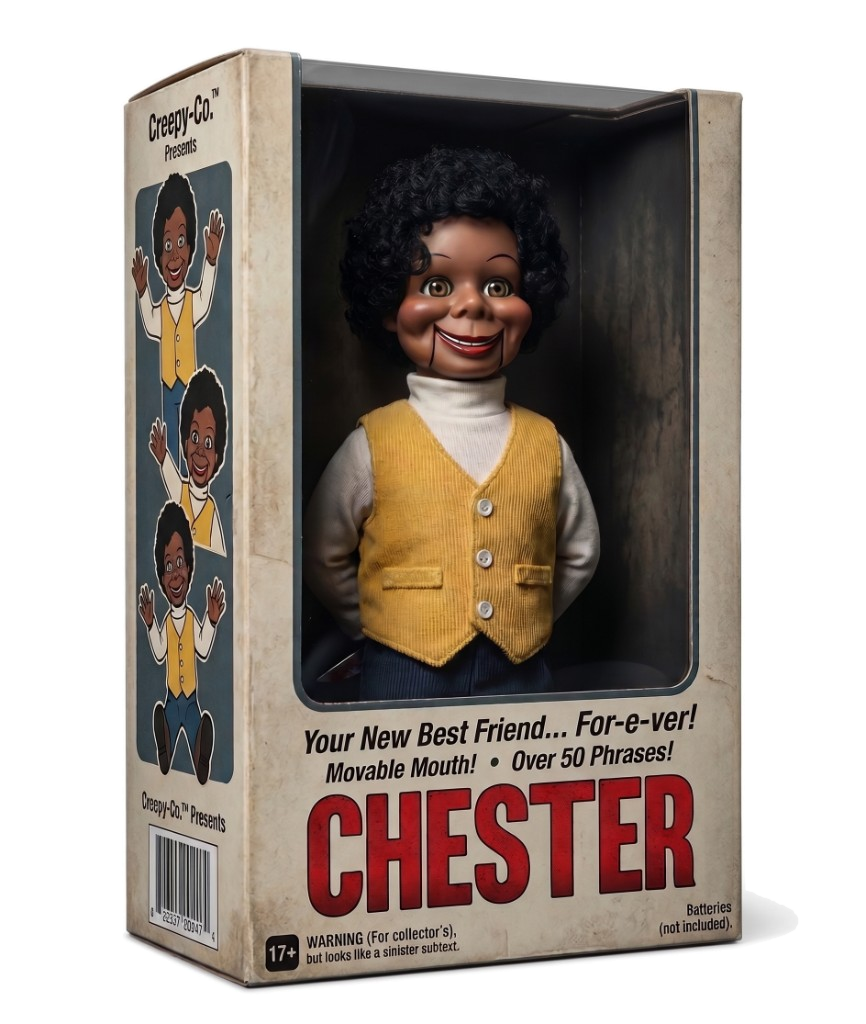 Transparent product image of Chester packaged as Creepy-Co's newest talking doll.